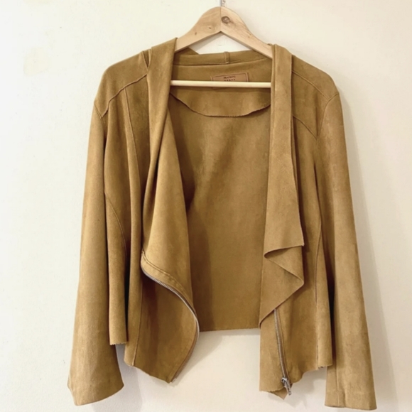 Blanknyc Drape Front Waterfall Suede Moto Jacket Camel Tan - Picture 6 of 10